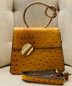 Social Butterfly Collection Mustard Faux Ostrich Gold Handle Handbag