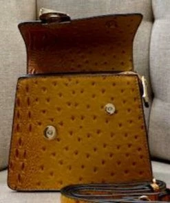 Social Butterfly Collection Mustard Faux Ostrich Gold Handle Handbag