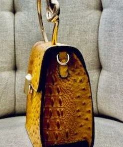 Social Butterfly Collection Mustard Faux Ostrich Gold Handle Handbag