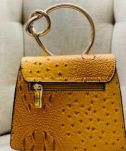 Social Butterfly Collection Mustard Faux Ostrich Gold Handle Handbag