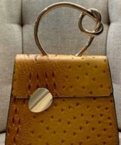 Social Butterfly Collection Mustard Faux Ostrich Gold Handle Handbag
