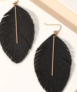 Social Butterfly Collection New Arrivals Black Gold Faux Leather Leaf Earrings
