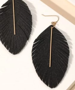 Social Butterfly Collection New Arrivals Black Gold Faux Leather Leaf Earrings