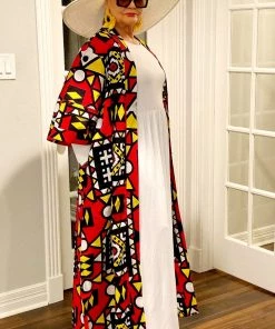 Social Butterfly Collection Red Yellow Black White African Print Kimono Duster