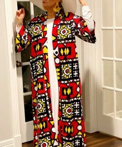 Social Butterfly Collection Red Yellow Black White African Print Kimono Duster