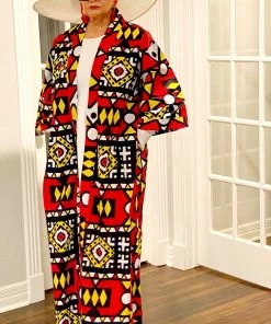 Social Butterfly Collection Red Yellow Black White African Print Kimono Duster