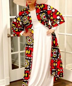 Social Butterfly Collection Red Yellow Black White African Print Kimono Duster