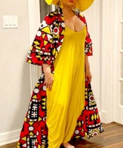 Social Butterfly Collection Red Yellow Black White African Print Kimono Duster