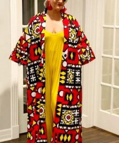 Social Butterfly Collection Red Yellow Black White African Print Kimono Duster