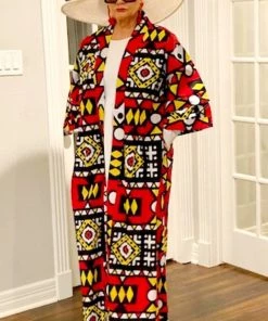 Social Butterfly Collection Red Yellow Black White African Print Kimono Duster