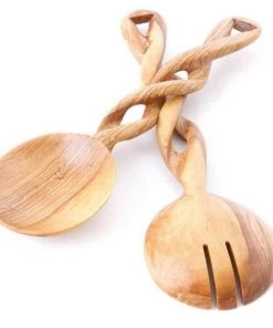 Social Butterfly Collection African Twisted Olive Wood Salad Server Set