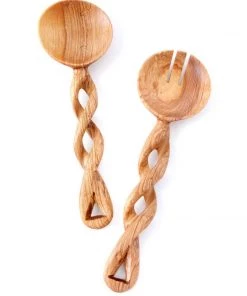 Social Butterfly Collection African Twisted Olive Wood Salad Server Set