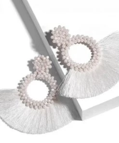 Social Butterfly Collection Accessories White Woven Bead Detail Fan Earrings