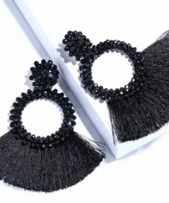 Social Butterfly Collection Black Woven Bead Detail Fan Earrings Accessories