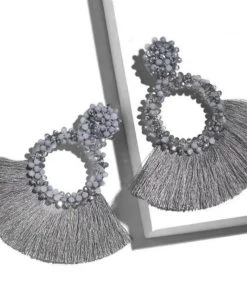 Social Butterfly Collection Grey Woven Bead Detail Fan Earrings