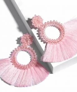 Social Butterfly Collection Light Pink Woven Bead Detail Fan Earrings Sale