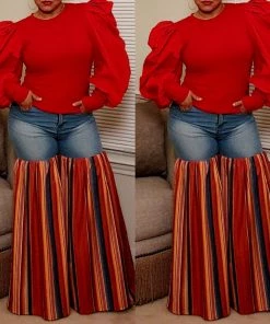 Social Butterfly Collection Distressed Light Denim Red Multi Color Palazzo Wide Leg Jeans New Arrivals