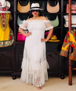 Social Butterfly Collection Sheer White Off The Shoulder Maxi Dress