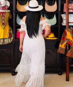 Social Butterfly Collection Sheer White Off The Shoulder Maxi Dress