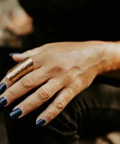 Social Butterfly Collection New Arrivals Long Gold Textured Hammered Armor Ring