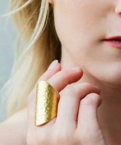 Social Butterfly Collection New Arrivals Long Gold Textured Hammered Armor Ring