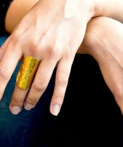 Social Butterfly Collection New Arrivals Long Gold Textured Hammered Armor Ring