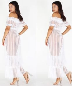 Social Butterfly Collection Sheer White Off The Shoulder Maxi Dress