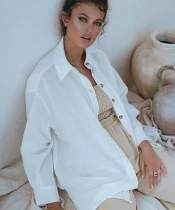 Social Butterfly Collection Off White Oversized Linen Shirt