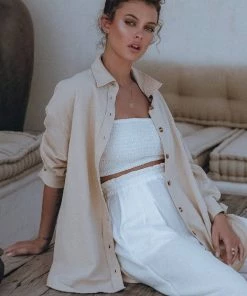 Social Butterfly Collection New Arrivals Beige Oversized Linen Shirt