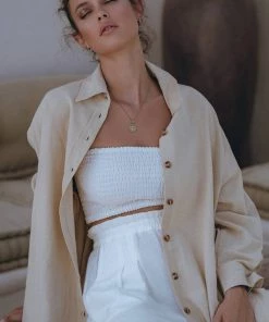 Social Butterfly Collection New Arrivals Beige Oversized Linen Shirt