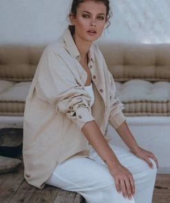 Social Butterfly Collection New Arrivals Beige Oversized Linen Shirt