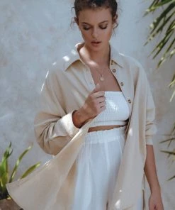 Social Butterfly Collection New Arrivals Beige Oversized Linen Shirt