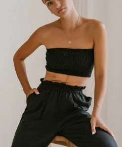 Social Butterfly Collection Black Linen Strapless Tube Top