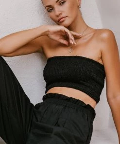 Social Butterfly Collection Black Linen Strapless Tube Top