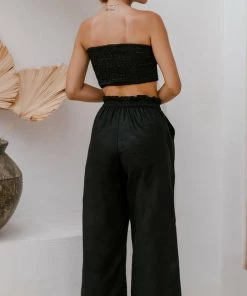 Social Butterfly Collection Black Linen Strapless Tube Top