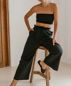 Social Butterfly Collection Black Linen Strapless Tube Top