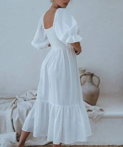 Social Butterfly Collection Linen Off White Mid Length Dress