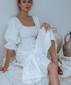 Social Butterfly Collection Linen Off White Mid Length Dress