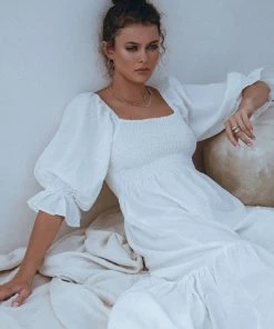 Social Butterfly Collection Linen Off White Mid Length Dress