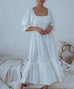 Social Butterfly Collection Linen Off White Mid Length Dress