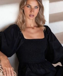 Social Butterfly Collection Black Linen Mid Length Dress