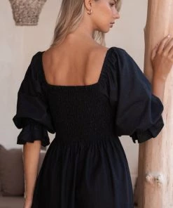 Social Butterfly Collection Black Linen Mid Length Dress