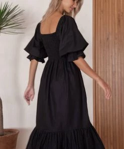 Social Butterfly Collection Black Linen Mid Length Dress
