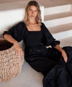 Social Butterfly Collection Black Linen Mid Length Dress