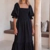 Social Butterfly Collection Black Linen Mid Length Dress