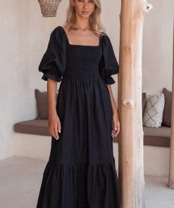 Social Butterfly Collection Black Linen Mid Length Dress