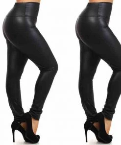 Social Butterfly Collection Black Faux Leather Liquid Leggings