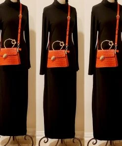 Social Butterfly Collection Burnt Orange Faux Ostrich Gold Handle Handbag