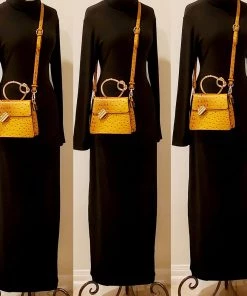 Social Butterfly Collection Mustard Faux Ostrich Gold Handle Handbag
