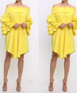 Social Butterfly Collection Bright Yellow Ruffle Sleeve Dress Top New Arrivals